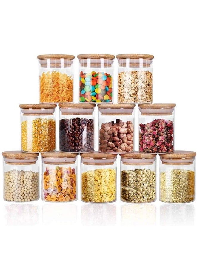 12 قطعة من الجرار الزجاجية 200 مل مجموعة مع أغطية الخيزران المثبتة الهواء ، تخزين الحبوب الغذائية حاويات التوابل الكبيرة للمطبخ المنزلي الشاي دقيق القهوة الأعشاب الحبوب - Image 1